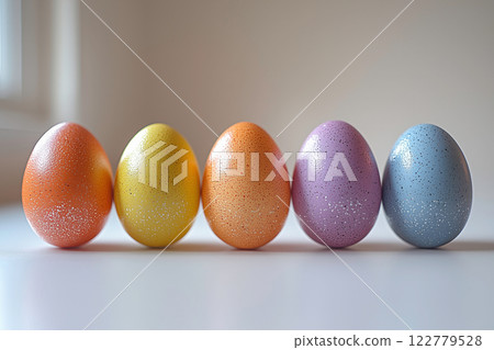 A soft still life photo of pastel-colored Easter eggs lined up 122779528