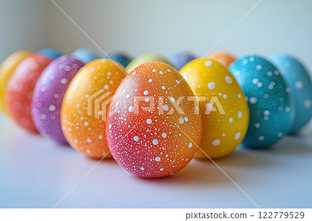 A gorgeous still life of Easter eggs lined up with vibrant dots A gorgeous still life of Easter eggs lined up with vibrant dots 122779529