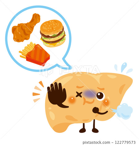 Liver character suffering from fatty diet 122779573