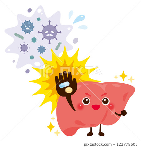 Character illustration of a liver that gets better after treating a virus with medicine 122779603