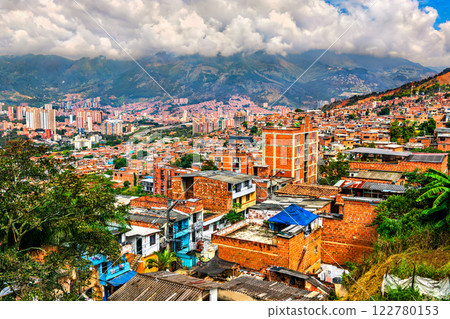 Skyline of the city of Medellin from a hillside neighborhood in Antioquia, Colombia 122780153