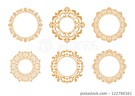 Set of decorative frames Elegant vector element for design in Eastern style, place for text. Floral golden and white borders. Lace illustration for invitations and greeting cards Set of decorative frames Elegant vector element for design in Eastern style, place for text. Floral golden and white borders. Lace illustration for invitations and greeting cards 122780161