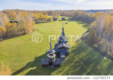Aerial view of Spaso-Zashiverskaya Church built of wood in 1600 in Siberia, Russia, in autumn 122780173