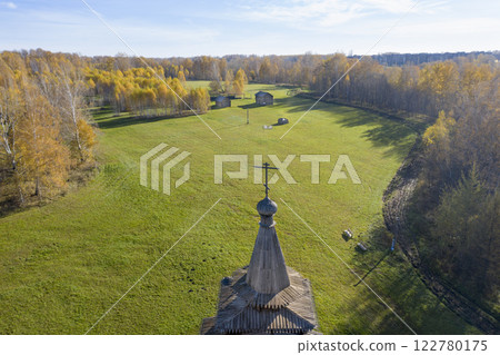 Aerial view of dome of wooden Spaso-Zashiverskaya Church built in 1600 in Siberia, Russia, in autumn 122780175