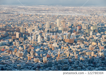 Aerial view of cityscape Sapporo downtown in winter 122780384