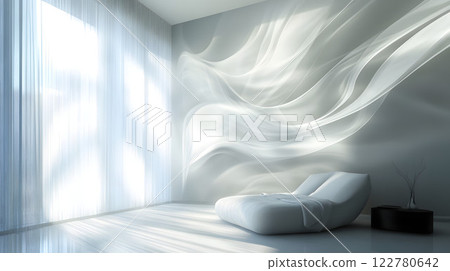 A landscape with a white room and swaying wind patterns 122780642