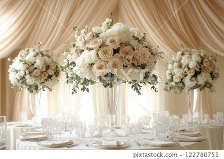 Wedding table with glass vases of white flowers and few wine glasses. Scene is elegant and sophisticated 122780751