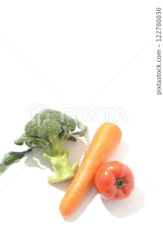 白色背景下拍攝的番茄、胡蘿蔔和綠花椰菜 白色背景下拍攝的番茄、胡蘿蔔和綠花椰菜 122780836