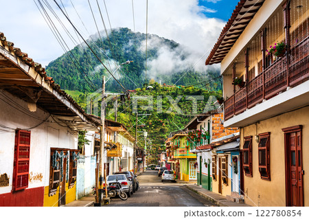 Vibrant colonial architecture in the historic old town of Jardin, Antioquia, Colombia 122780854
