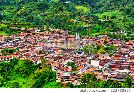 Aerial view of Jardin with its Basilica of the Immaculate Conception in Antioquia, Colombia Aerial view of Jardin with its Basilica of the Immaculate Conception in Antioquia, Colombia 122780855