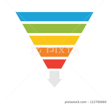 Sale marketing funnels set. Business pyramid template with five steps. Funnel diagram 5 steps template. Filter level icon. Infographic cone chart. Vector illustration isolated on white background 122780860