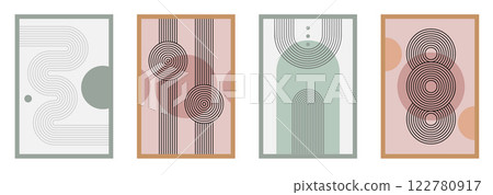 Zen arch poster set, simple line arch and shapes. Geometric Japanese zen pattern minimal elements. Boho style strips, Zen arch poster set, simple line arch and shapes. Geometric Japanese zen pattern minimal elements. Boho style strips, 122780917