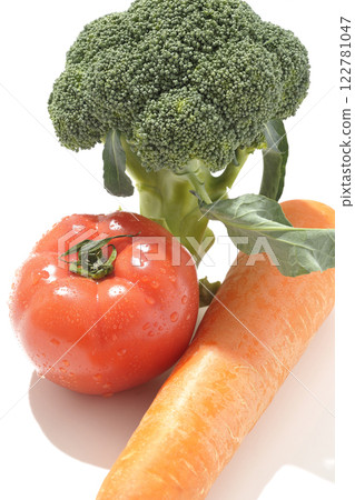 白色背景下拍攝的番茄、胡蘿蔔和綠花椰菜 122781047