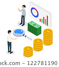 Financial isometric illustration showing market analysis and investment strategies 122781190