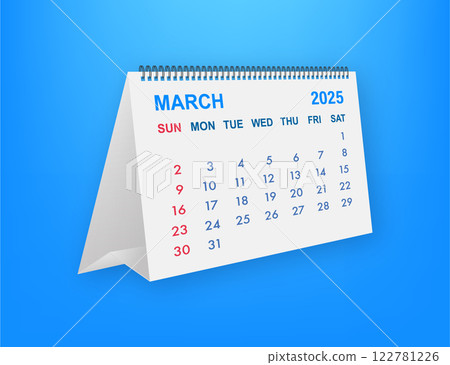Desktop calendar showing March 2025 on blue background 122781226