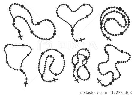 Catholic rosary beads. Christian necklace with cross isolated on white background. Prayer chain with crucifix. Set of religious jewelry silhouettes. Vector illustrations 122781368