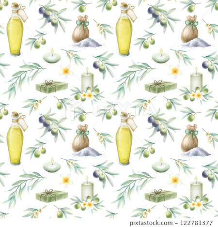 Olive oil in glass bottle, soap aleppo, sea salt scattered and in sack, candles, frangipani flowers and olive branches. Hand drawn watercolor isolated seamless pattern for package, spa salon design. Olive oil in glass bottle, soap aleppo, sea salt scattered and in sack, candles, frangipani flowers and olive branches. Hand drawn watercolor isolated seamless pattern for package, spa salon design. 122781377