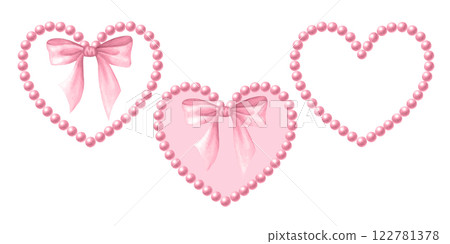 Heart shape frame made of pastel pink beads with bow. Coquette core, girly and lady style. Watercolor hand drawn isolated illustration set of delicate trendy accessories for wedding, cutecore design. 122781378