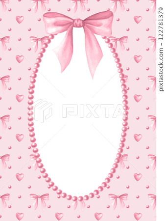 Vertical postcard template with pink beads, hearts, bows and oval necklace, A4. Coquette core. Watercolor isolated hand draw illustration with copy space for text. Romantic invitation, wedding design. Vertical postcard template with pink beads, hearts, bows and oval necklace, A4. Coquette core. Watercolor isolated hand draw illustration with copy space for text. Romantic invitation, wedding design. 122781379