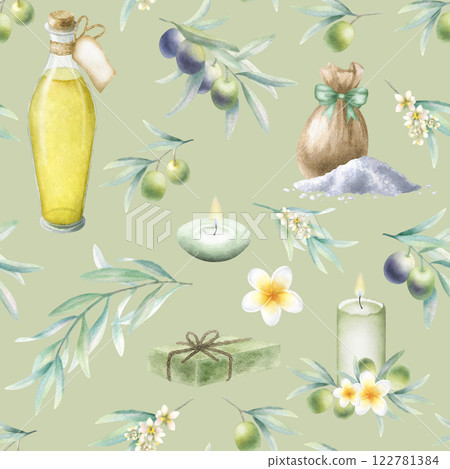 Olive oil in bottle, soap aleppo, sea salt scattered and in sack, candles, frangipani flower, olive branches. Hand drawn watercolor seamless pattern on light olive color for textile, spa salon design. Olive oil in bottle, soap aleppo, sea salt scattered and in sack, candles, frangipani flower, olive branches. Hand drawn watercolor seamless pattern on light olive color for textile, spa salon design. 122781384