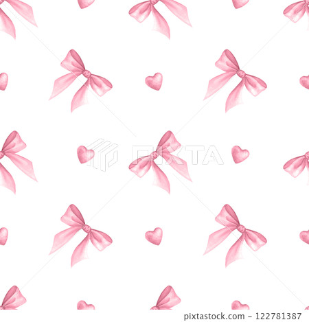 Coquette Bows and hearts in pastel pink color. Isolated watercolor seamless pattern hand drawn for cutecore, girls style, romantic greeting design, textile, wrapping, fabric and scrapbooking paper. 122781387