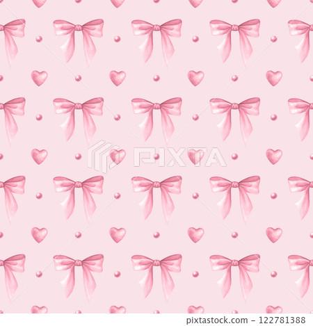 Coquette Bows, beads and hearts in pastel pink color. Watercolor seamless pattern hand drawn on pink for cutecore, girls, romantic invitation design, textile, wrapping, fabric and scrapbooking paper. 122781388