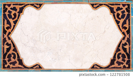 Horizontal or vertical background with detail of ancient mosaic walls with floral and geometric ornament. Traditional tile decoration on wall, Samarkand, Uzbekistan 122781508