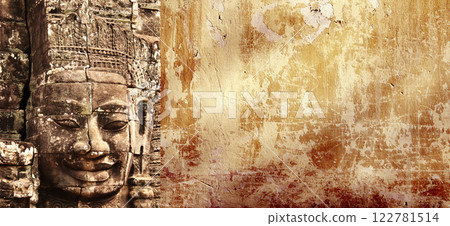 Horizontal background with ancient bas-relief with king face. Horizontal banner with stone ornament of khmer culture, Angkor, Cambodia. Mock up template. Copy space for text Horizontal background with ancient bas-relief with king face. Horizontal banner with stone ornament of khmer culture, Angkor, Cambodia. Mock up template. Copy space for text 122781514
