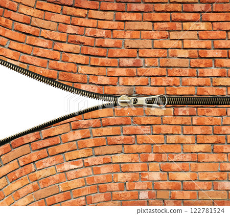 New life concept. Brick wall and zipper opened. Unzipped zipper or fastener. Eco-friendly, Ecology, go green, Green Energy, environmental. Open zip and brick texture. Isolated on white background New life concept. Brick wall and zipper opened. Unzipped zipper or fastener. Eco-friendly, Ecology, go green, Green Energy, environmental. Open zip and brick texture. Isolated on white background 122781524