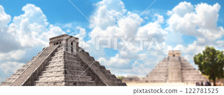Horizontal banner with ancient stone Mayan pyramid (Kukulcan Temple), Chichen Itza, Yucatan, Mexico. The topic of summer vacation, travel, trip abroad on vacation, cruises and tours 122781525