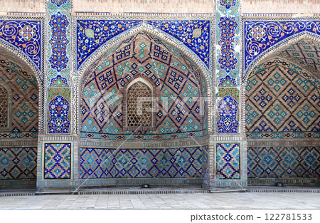 Nadir Divan Beghi Madrasah, a part of Lyabi Hauz madrasa complex, Bukhara, Uzbekistan. Arches with beautiful tile decor in Nadir Divanbegi Khanaka Madrasah Nadir Divan Beghi Madrasah, a part of Lyabi Hauz madrasa complex, Bukhara, Uzbekistan. Arches with beautiful tile decor in Nadir Divanbegi Khanaka Madrasah 122781533