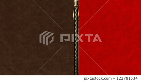 Leather background with zipper. Zipped zipper and leather patches. Horizontal or vertical backdrop with fastener and leather textures of red and dark brown colors. Copy space for text 122781534