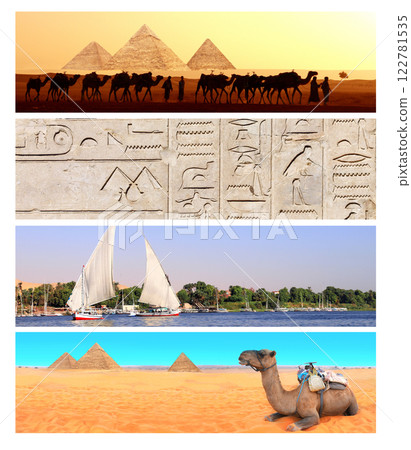 Collection of horizontal banners with famous landmarks of Egypt. Topic of summer vacation, travel, trip abroad on vacation, cruises and tours 122781535