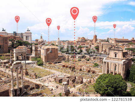 Top view on Roman forum, Rome, Italy and location pin. Planning a tourist trip. Travel way,  find trip, point navigation concept. Global positioning system pin map. Modern travel, sightsee, tourism 122781539