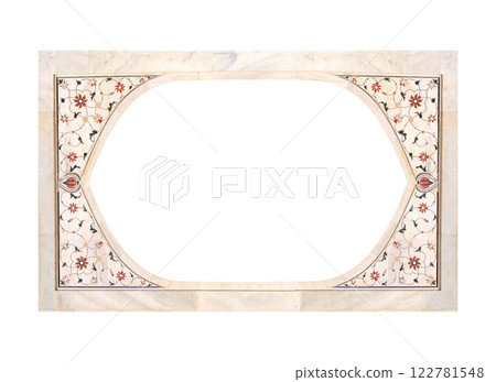 Frame with ancient carved floral decor on marble wall. Vertical or horizontal border with floral ornament. Mock up frame template. Copy space for text. Isolated on white background Frame with ancient carved floral decor on marble wall. Vertical or horizontal border with floral ornament. Mock up frame template. Copy space for text. Isolated on white background 122781548
