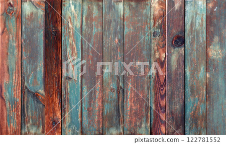 Texture of vintage wood boards with cracked paint of brown and blue color. Horizontal retro background with old wooden planks of different colors Texture of vintage wood boards with cracked paint of brown and blue color. Horizontal retro background with old wooden planks of different colors 122781552