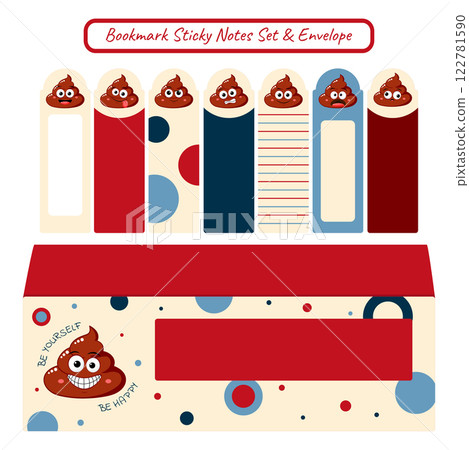 Bookmark Sticky Notes Set and Envelope with funny poo characters. Kawaii Adhesive Tags collection for children. Cartoon sticky note element with cartoon poop. Vector Illustration EPS8 122781590