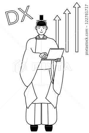 Image of DX: A Shinto priest at a shrine who has successfully improved his business operations, wearing a crown and ceremonial robes 122781717