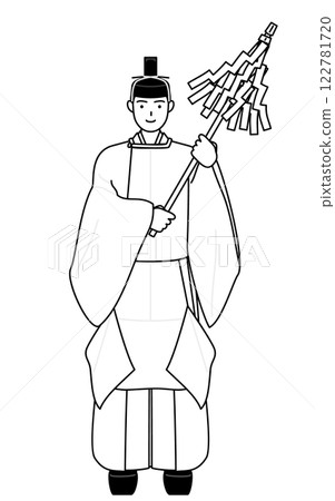 A Shinto priest offering a prayer, wearing a crown and sacred clothing 122781720