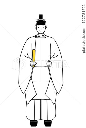 A Shinto priest holding a scepter, wearing a crown and formal attire 122781721