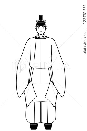 A Shinto priest facing forward, wearing a crown and formal attire A Shinto priest facing forward, wearing a crown and formal attire 122781722