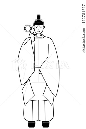 A Shinto priest wearing a crown and ceremonial attire, holding a magnifying glass and placing his hands on his hips A Shinto priest wearing a crown and ceremonial attire, holding a magnifying glass and placing his hands on his hips 122781727