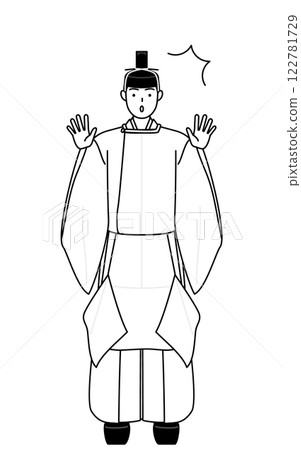 A shrine priest wearing a crown and ceremonial robes raises his hands in surprise A shrine priest wearing a crown and ceremonial robes raises his hands in surprise 122781729