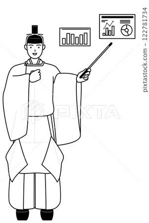 A Shinto priest dressed in a crown and ceremonial attire analyzes a business performance graph. A Shinto priest dressed in a crown and ceremonial attire analyzes a business performance graph. 122781734