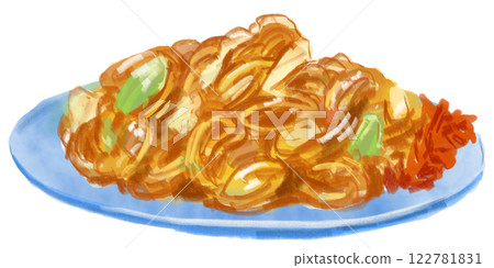 逼真的水彩畫，描繪美味的炒麵 122781831