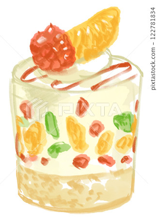 逼真的水彩畫，描繪出美味的水果慕斯蛋糕 122781834
