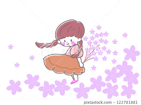 一位身穿馬尾裙的女孩微笑著，手捧一束櫻花。 122781881