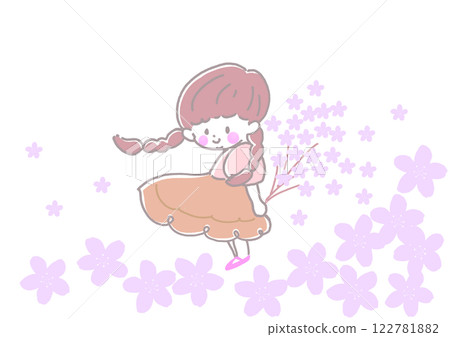 一位身穿馬尾裙的女孩微笑著，手捧一束櫻花。 122781882