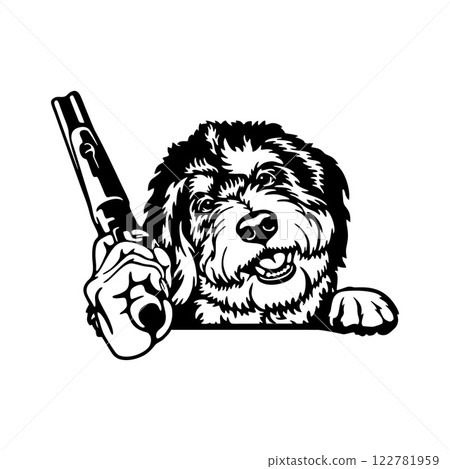 Bad Bernedoodle - dog with gun - vector stencil Bad Bernedoodle - dog with gun - vector stencil 122781959