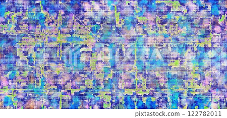 A vibrant abstract digital painting featuring a textured composition of blue, purple, and green hues with grid-like patterns A vibrant abstract digital painting featuring a textured composition of blue, purple, and green hues with grid-like patterns 122782011